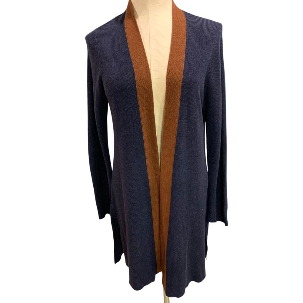 Medium Petite Eileen Fisher Womens Navy Blue Brown Cardigan Silk Blend